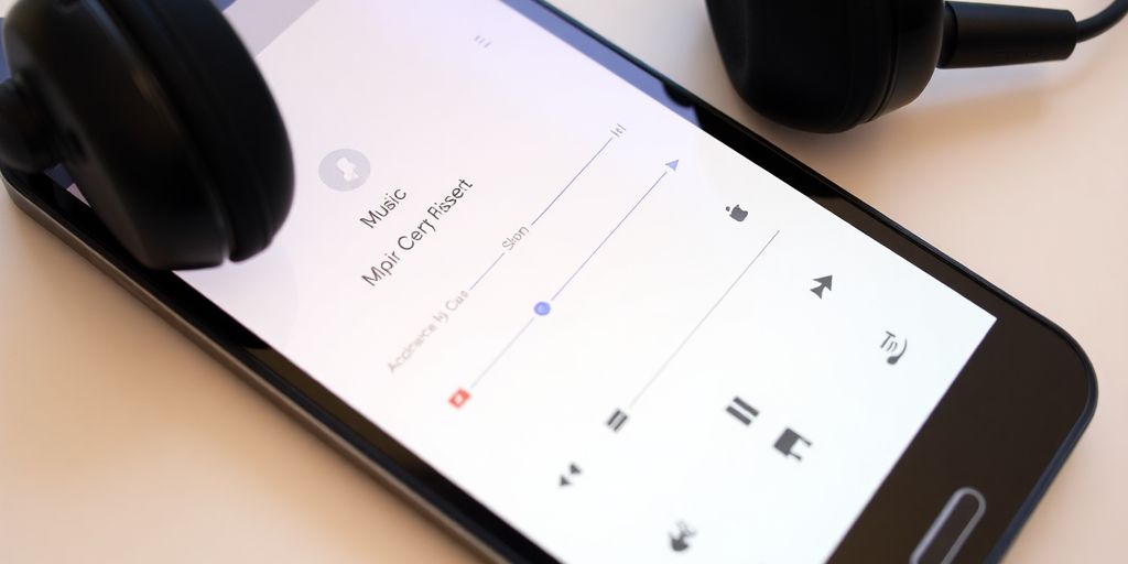 Android phone playing music, headphones nearby.
