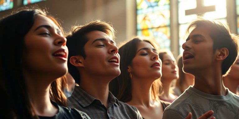 Choir singing, light, spiritual glow