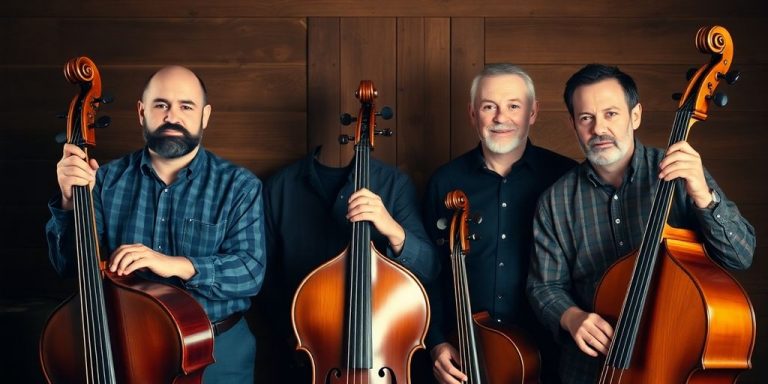 Four men standing, instruments, rustic backdrop.