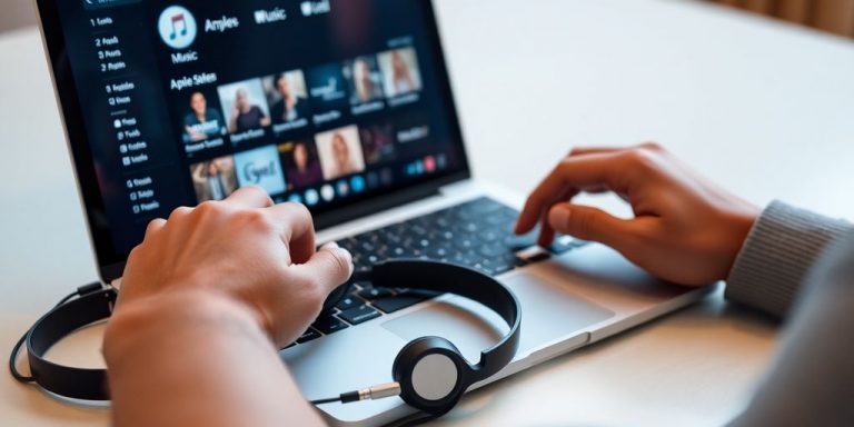 Apple Music logo, headphones, computer, music notes.