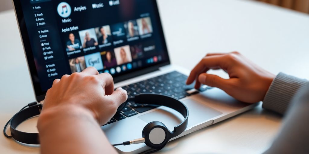 Apple Music logo, headphones, computer, music notes.