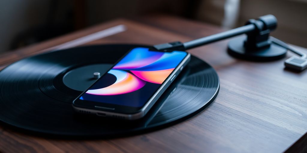 A vintage record player with an old smartphone displaying music.
