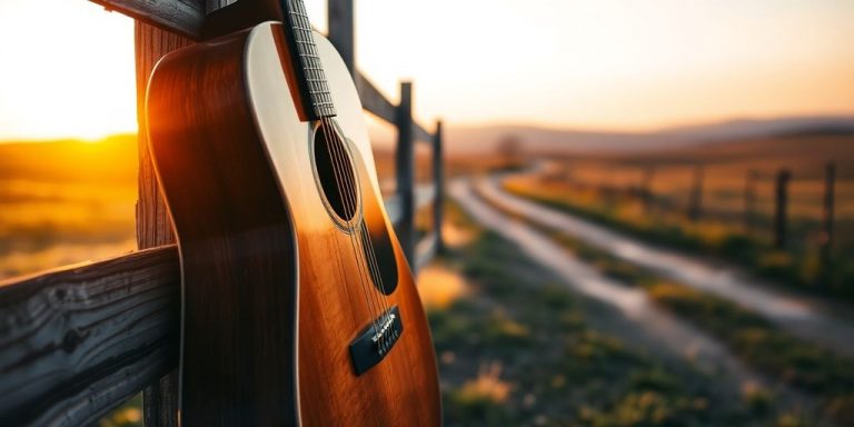 Acoustic guitar leaning on fence, country road, sunset.