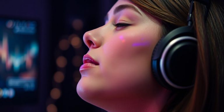 Person enjoying music with headphones, vibrant lights glowing