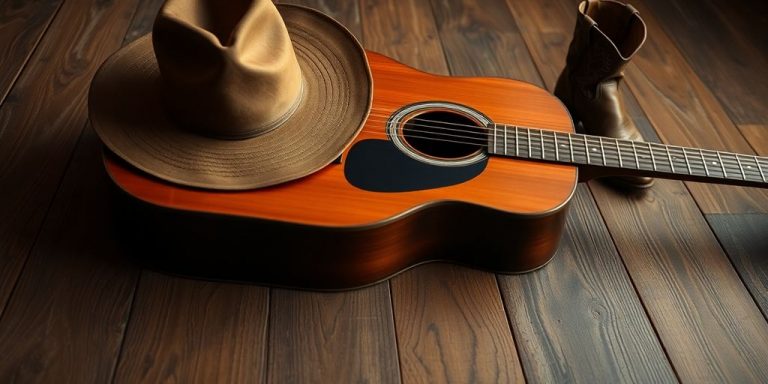 Guitar, cowboy hat, and boots on rustic wood.