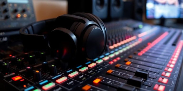 Close-up of a sound mixing board with illuminated buttons and sliders, a pair of headphones on top.
