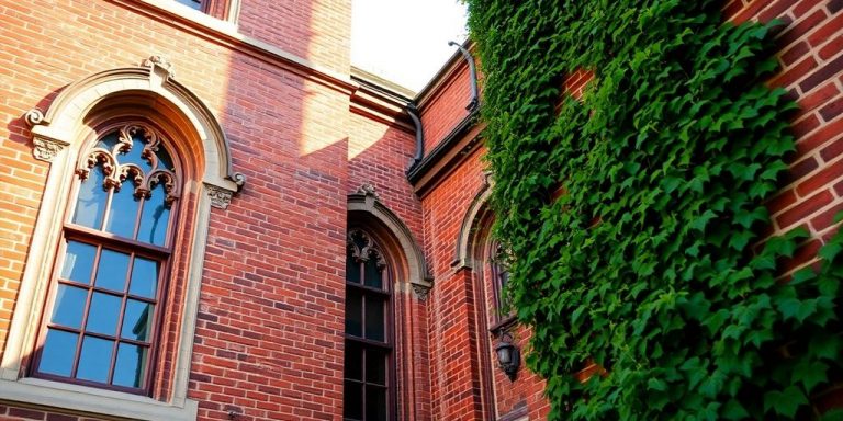 Historic Berklee building facade, warm sunlight, Boston.