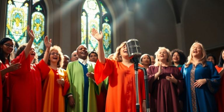 Choir singing, bright stage lights, joy, energy, vintage microphone.