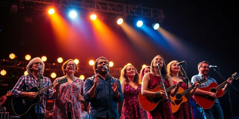 Diverse group singing on stage with bright lights.