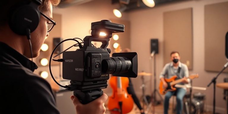 Videographer filming musician in New York City studio