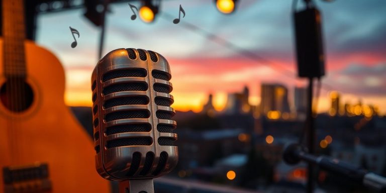 Microphone, guitar, music notes, Nashville skyline.