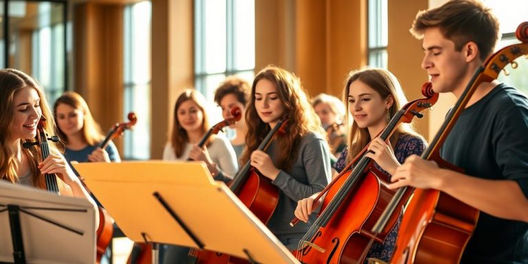 Students play instruments, vibrant campus.