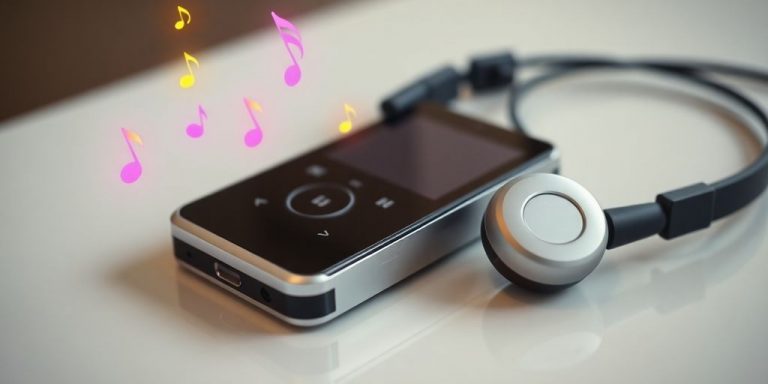 mp3 player with headphones and music notes floating