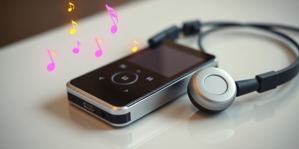 mp3 player with headphones and music notes floating