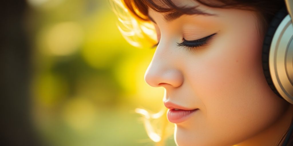 Person listening to music, smiling.