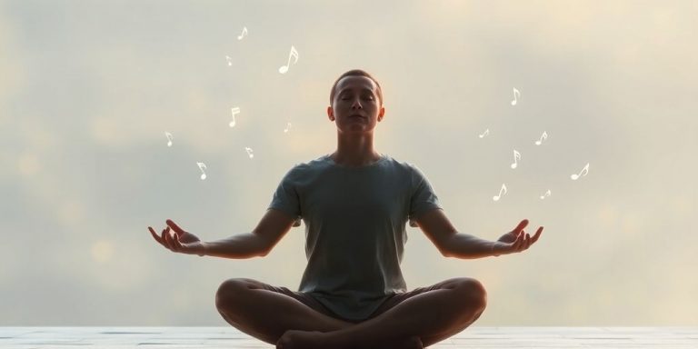 Person meditating with subtle musical notes surrounding them.