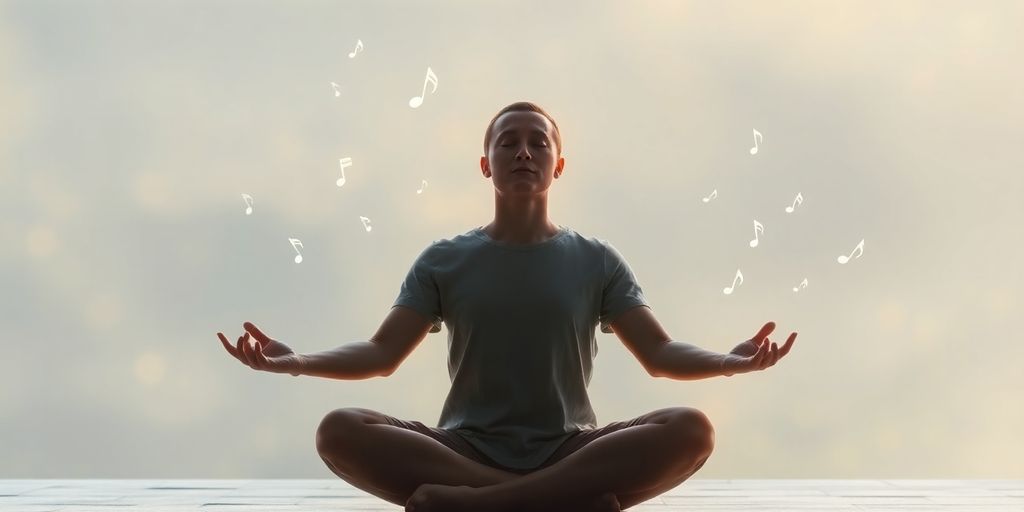 Person meditating with subtle musical notes surrounding them.