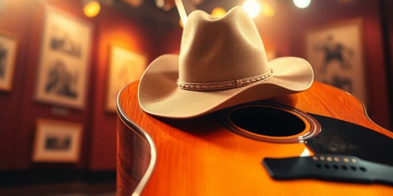 Vintage guitar, cowboy hat, and spotlight.