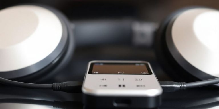 Headphones connected to a digital music player.