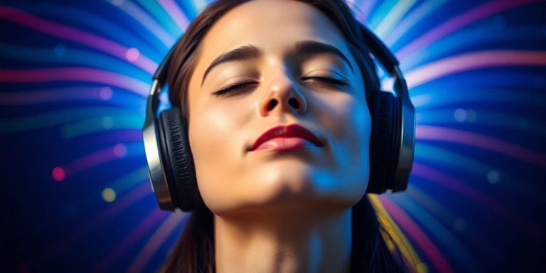 Person enjoying music with headphones, vibrant background.