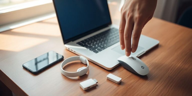Laptop, headphones, and mouse, USB drive on desk near window