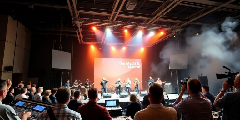 Band rehearses on stage under warm spotlights inside convention hall