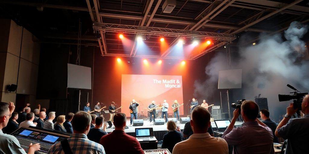 Band rehearses on stage under warm spotlights inside convention hall