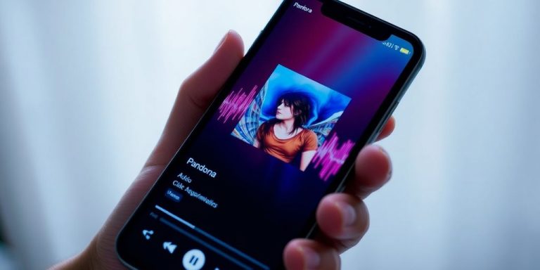Pandora music streaming interface with vibrant colors.