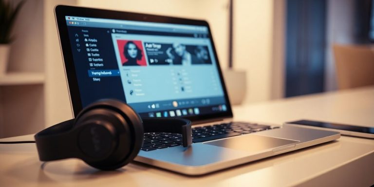 Secure music download on laptop with headphones.