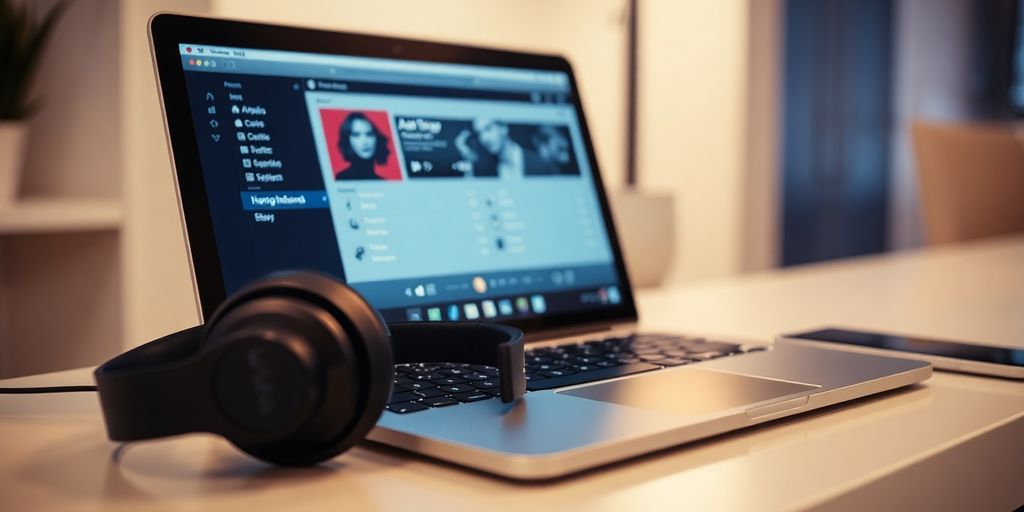 Secure music download on laptop with headphones.