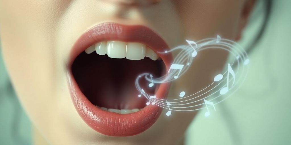 Person humming, music notes around their head.