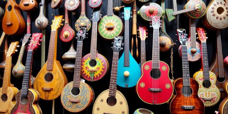 Vibrant display of global musical instruments.