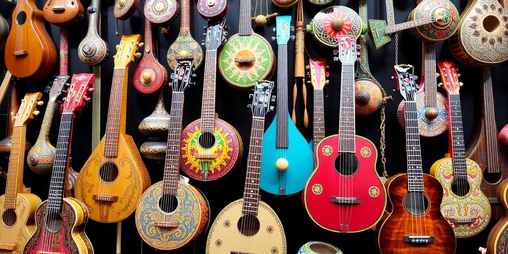 Vibrant display of global musical instruments.