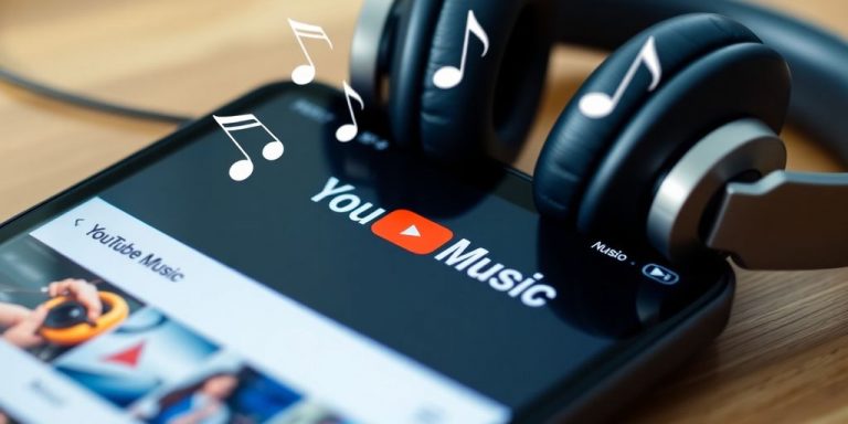 Phone displaying YouTube Music, headphones, musical notes floating.