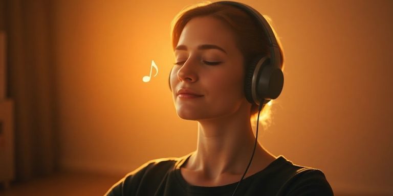 Person meditating, headphones, gentle light.