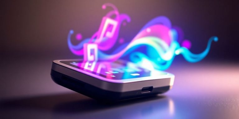 Sleek, futuristic music player with vibrant sound waves.