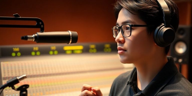 Intern holding microphone, soundboard in background