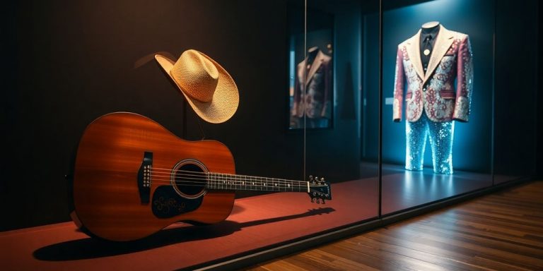 Vintage guitars, costumes, and memorabilia in museum.