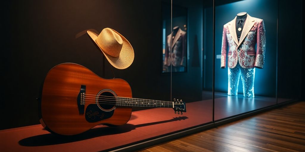 Vintage guitars, costumes, and memorabilia in museum.