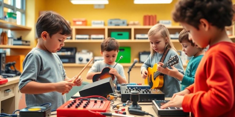 Children experimenting with musical instruments in a vibrant lab.