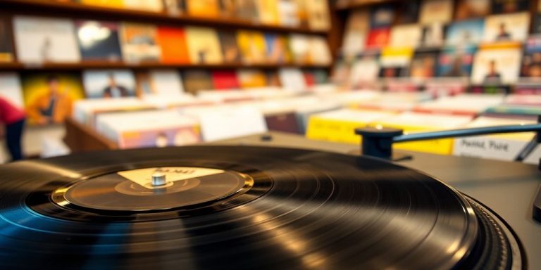 Spinning vinyl record, vibrant music shop background