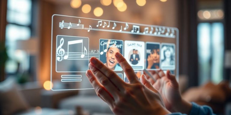 Person curates music on a futuristic device.