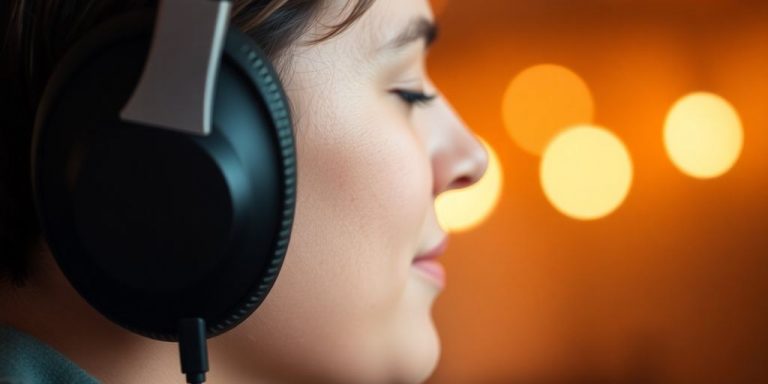 A person wears headphones, listening to music.