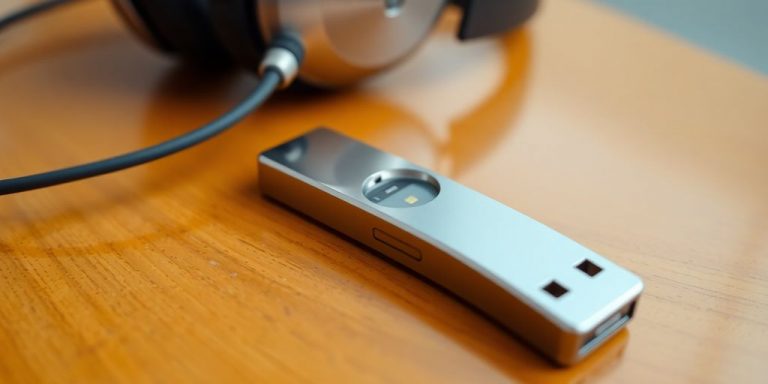 Thumb drive and headphones on a wooden table.