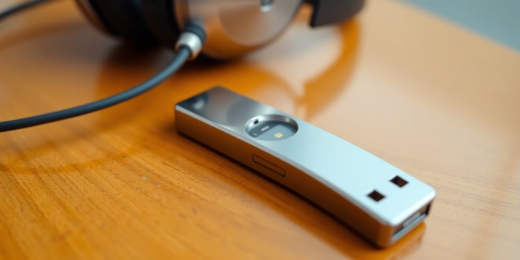 Thumb drive and headphones on a wooden table.