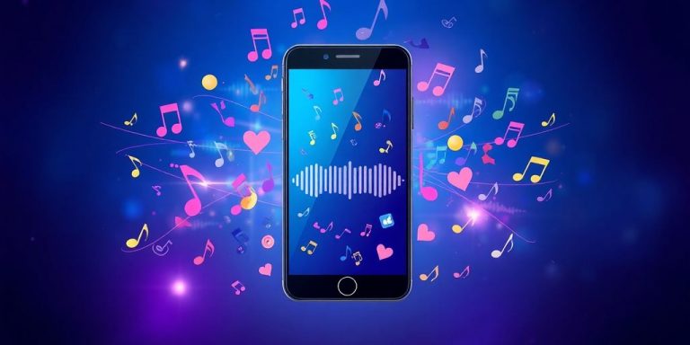 Musical notes and audio waves around smartphone
