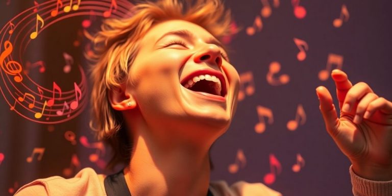 Person singing with musical notes floating around.