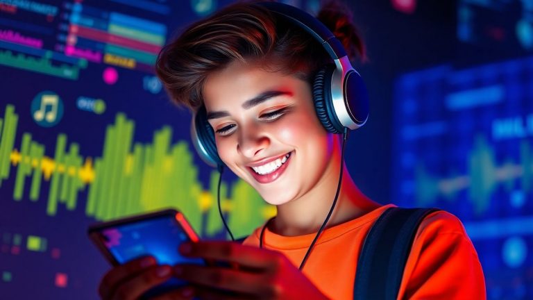 Person with headphones enjoying music on smartphone.