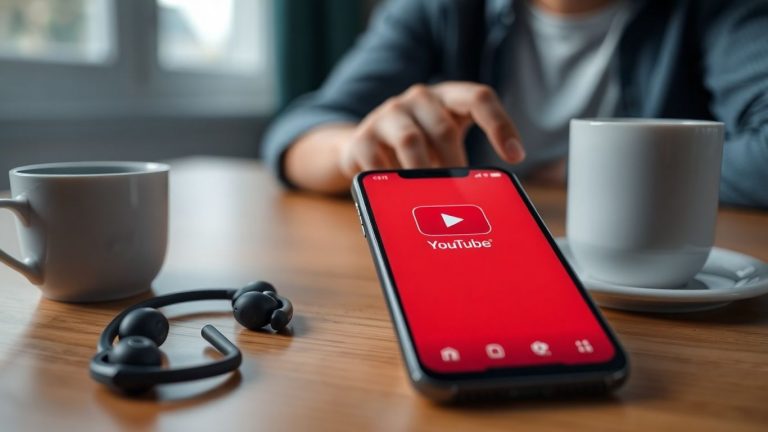 Person using YouTube app on smartphone at table
