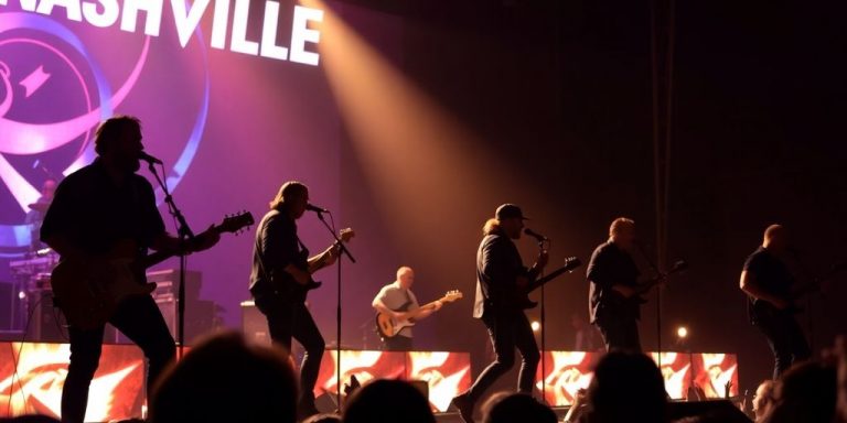 Musicians performing on a Nashville stage with guitars.